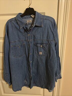 Kikomo Denim Blue Button Down Shirt Womens W Holly Hobby Quilt Images Sz 20W 20M
